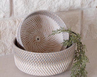 Rattan Stacking Basket Storage Container Organization Solution Natural Material Handwoven Design White Gray Bathroom Counter Kitchen