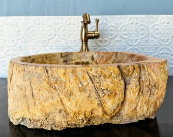 Petrified Wood Sink Vessel Bathroom Stone Basin Natural Material Luxury Design Boho Style Bali Inspired Rustic Vanity Top Bowl Unique