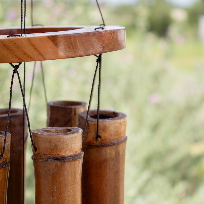 Boho Style Bamboo Chime Garden Accessory Natural Sound Element Relaxing Melody Maker Outdoor Decoration Piece Patio Hanging Ornament Balcony Decor Addition Bali Inspired Design Zen Atmosphere Creator Sustainable Material Construction