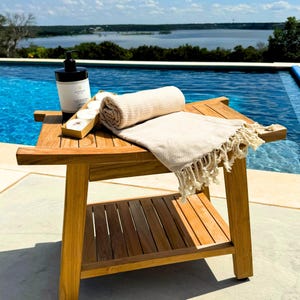 Teak Shower Bench with Shelf – Boho Style Wooden Bathroom Stool Seat afbeelding 8