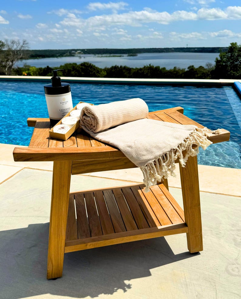 Teak Shower Bench with Shelf – Boho Style Wooden Bathroom Stool Seat afbeelding 8