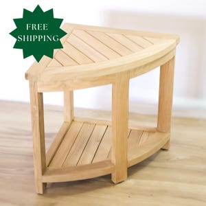 Teak Shower Bench with Shelf Corner Shower Stool Bathroom Decor, Spa Seat, Natural Teak Wood, Adjustable Feet, Waterproof Bathroom Bench