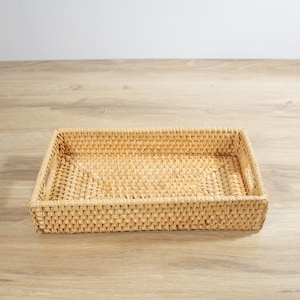 Rattan Vanity Tray Bathroom Organization Storage Basket Wicker Rectangular Handle Design Boho Decor Natural Material Handcrafted Detail