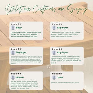 Op de afbeelding: Een grafische weergave met de titel What our Customers are Saying met zes vijfsterrenrecensies van Etsy-kopers. De tekst bevat feedback over een houten bankje, waarbij de kwaliteit, constructie en uitstraling in een badkamer worden benadrukt.