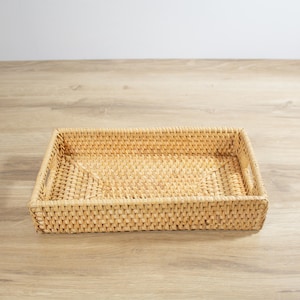 Rattan Vanity Tray Bathroom Organization Storage Basket Wicker Rectangular Handle Design Boho Decor Natural Material Handcrafted Detail