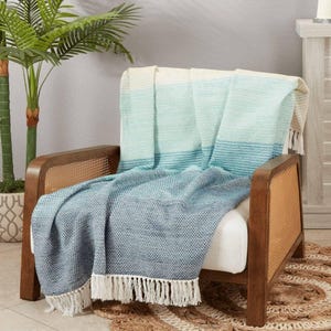 Cotton Throw Blanket Color Block Design Modern Living Room Accent Soft Textile Covering Beige Green Blue Pattern Comfortable Lightweight Material Cozy Couch Accessory Breathable Fabric Quality Home Styling Decorative Piece Interior Design