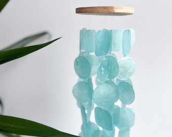 Turquoise Capiz Shell Wind Chimes Outdoor Garden Beach Decor Boho Bali Style Chime Teak Wood Coastal Art Hanging Mobile Patio Decoration