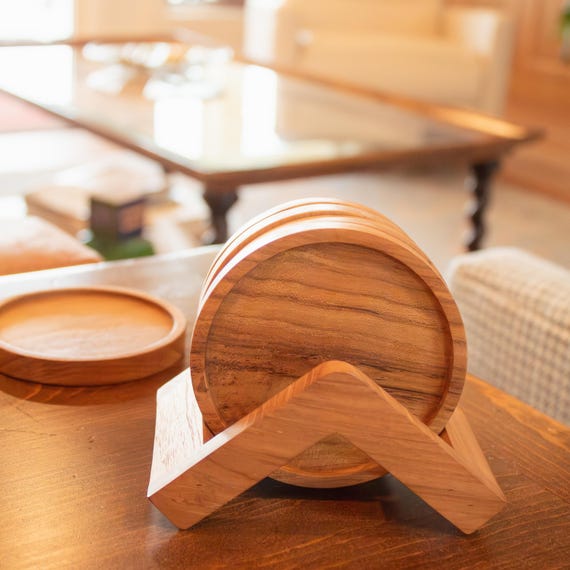 Handcrafted Teak Wood Coaster Set Triangular Holder Natural Design Kitchen Accessory Dining Table Drink Protection Water Resistant Organic