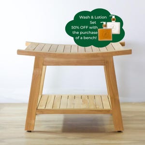 May include: A light brown wooden bench with a curved slatted seat and a lower slatted shelf. A green cloud-shaped graphic displays the text: Wash & Lotion Set 50% OFF with the purchase of a bench! along with images of a pump bottle and a lotion bottle.