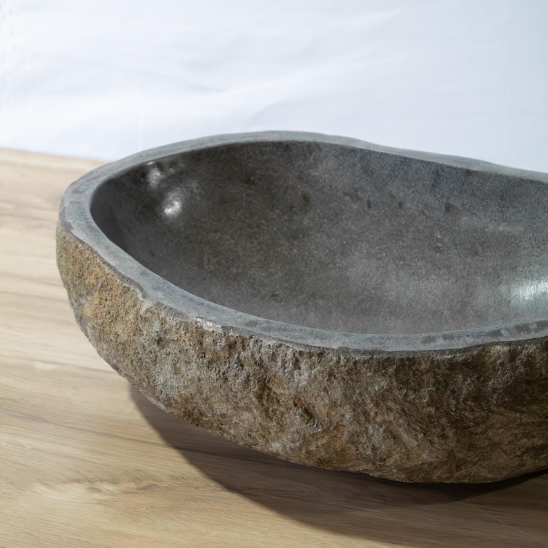 Handmade River Rock Sink Java Island Stone Natural Basin Bathroom Vanity Unique Vessel Design Earthy Boho Style Bali Inspired Wash Bowl Organic Material Bathroom Fixture Natural Stone Creation Luxury Home Addition Spa Like Experience Rustic