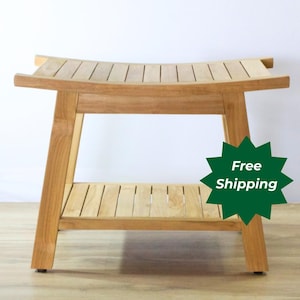Teak Shower Bench  All Natural Wooden Seat with Shelf  Bathroom Stool Boho Bathroom Decor Shower Bench has Adjustable Feet