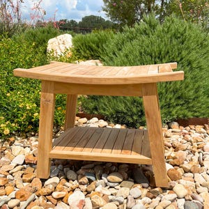 Teak Shower Bench with Shelf – Boho Style Wooden Bathroom Stool Seat afbeelding 10