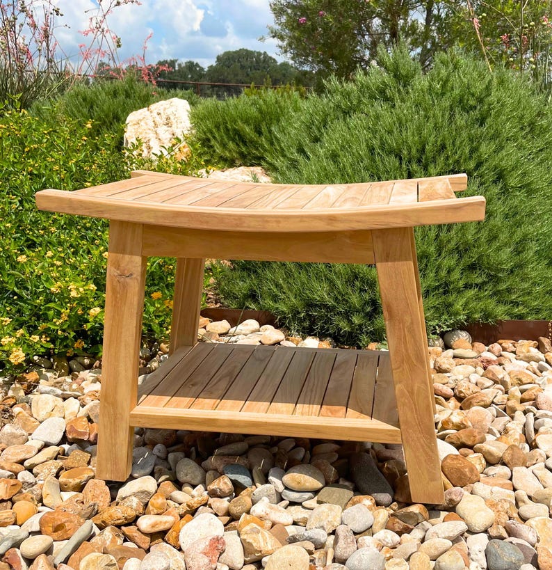 Teak Shower Bench with Shelf – Boho Style Wooden Bathroom Stool Seat afbeelding 10