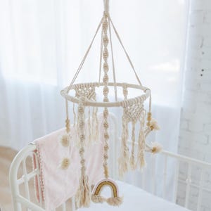 Macrame Baby Mobile Boho Nursery Decor Handmade Wooden Bead Crib Hanging Natural Cotton Bohemian Decoration Playroom Wall Infant Sensory Toy