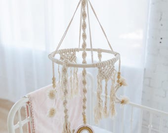 Mobile bébé en macramé, décoration bohème pour chambre d'enfant, perles en bois faites main, suspension pour berceau en coton naturel, jouet sensoriel pour bébé