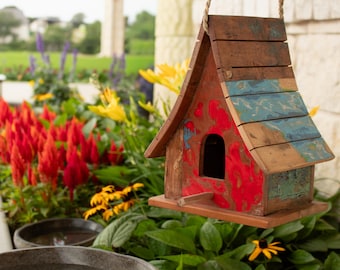 Handmade Wooden Birdhouse Reclaimed Boat Wood Bird House Rustic Garden Outdoor Decorative Cottage Shabby Chic Distressed Unique Eco friendly