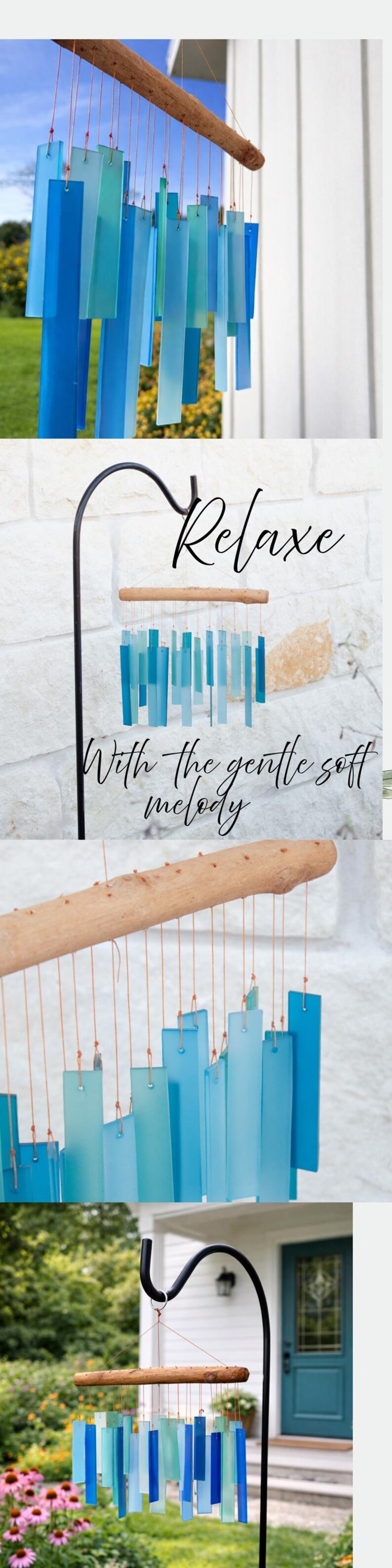 May include: A wind chime featuring rectangular glass pieces in various shades of blue and teal, suspended by thin strings from a natural driftwood branch. The text Relax With the gentle soft melody is displayed in black script over the chime.