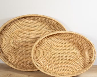 Tray Rattan Oval Set of 2 with Handles – Boho Decorative Serving Trays, Natural Woven Organizer for Kitchen & Living Room Decor