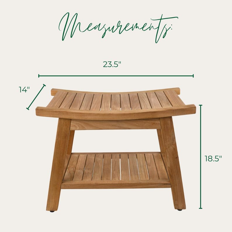 Op de afbeelding: Een lichtbruine houten bank met een gebogen zitting van latten en een onderste plank van latten. De tekst Measurements staat bovenaan. De afmetingen zijn 23,5 inch breed, 14 inch diep en 18,5 inch hoog, aangegeven met groene lijnen en tekstlabels.