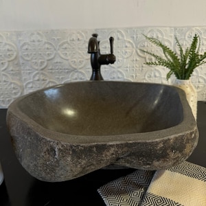 Stone Vessel Sink Bathroom Vanity Natural Basin Handmade River Rock Fixture Unique Design Earthy Boho Style Bali Inspired Java Island Home immagine 11