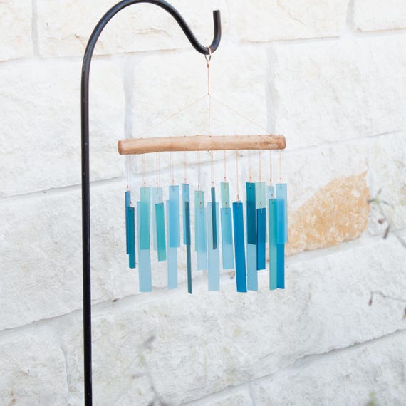Blue Glass Chime Driftwood Top Handmade Design Beach House Coastal Garden Outdoor Hanging Ocean Theme Nautical Gift Men Birthday Patio