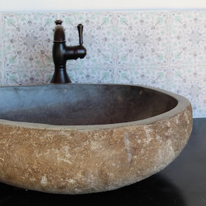 Stone Vessel Sink Bathroom Vanity Natural Basin Handmade River Rock Fixture Unique Design Earthy Boho Style Bali Inspired Java Island Home immagine 10