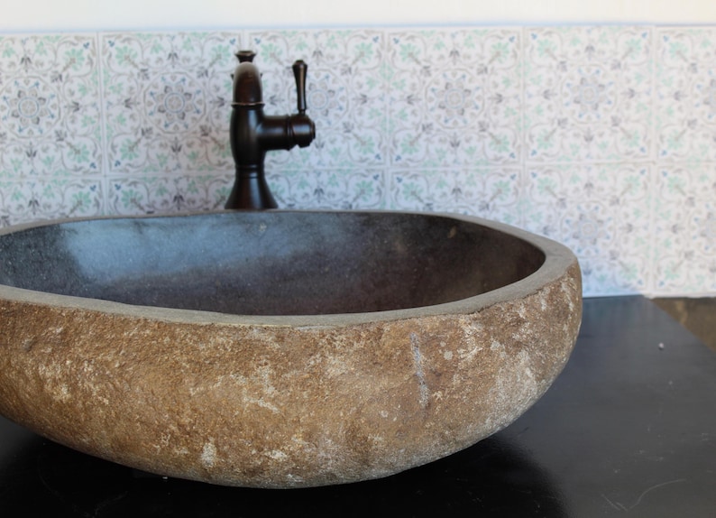 Stone Vessel Sink Bathroom Vanity Natural Basin Handmade River Rock Fixture Unique Design Earthy Boho Style Bali Inspired Java Island Home immagine 10