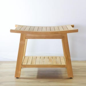 Luxury Bathroom Furniture Teak Shower Bench Wooden Spa Stool Natural Wood Construction Waterproof Design Feature Moisture Resistant Material Adjustable Feet Stability Slatted Surface Detail Comfortable Shower Seating Solution Home Spa