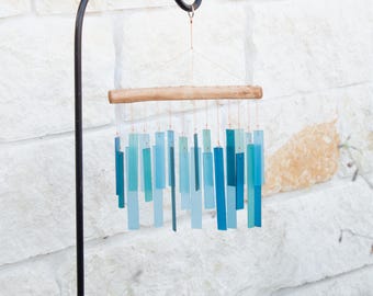 Blue Glass Chime Driftwood Top Handmade Design Beach House Coastal Style Musical Art Garden Decoration Turquoise Hanging Patio Ornament