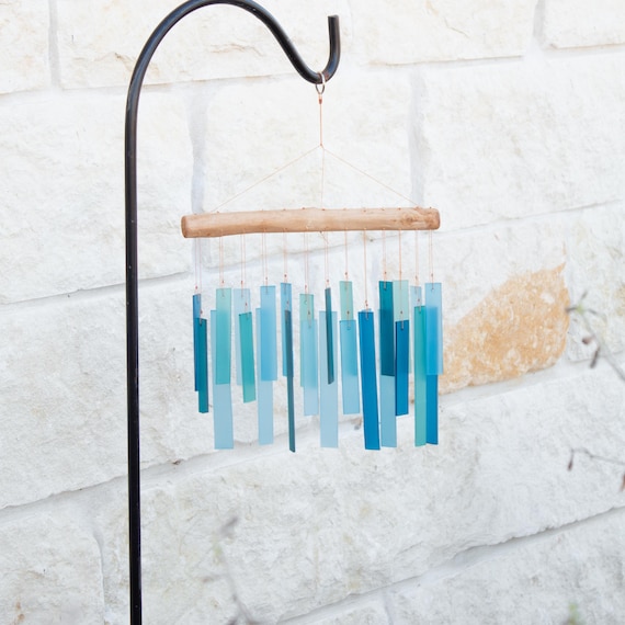 Blue Glass Chime Driftwood Top Handmade Design Beach House Coastal Style Musical Art Garden Decoration Turquoise Hanging Patio Ornament