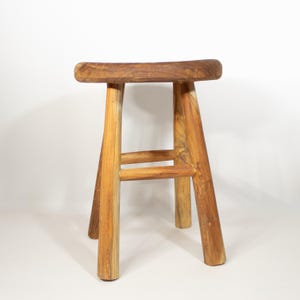 Teak Wood Stool Saddle Seat Kitchen Counter Height Seating Bathroom Vanity Bench Rustic Furniture Piece Handmade Wooden Accent Entryway