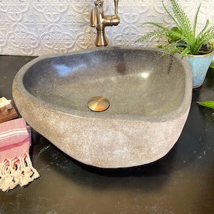 Stone Vessel Sink Bathroom Vanity Natural Basin Handmade River Rock Fixture Unique Design Earthy Boho Style Bali Inspired Java Island Home immagine 14