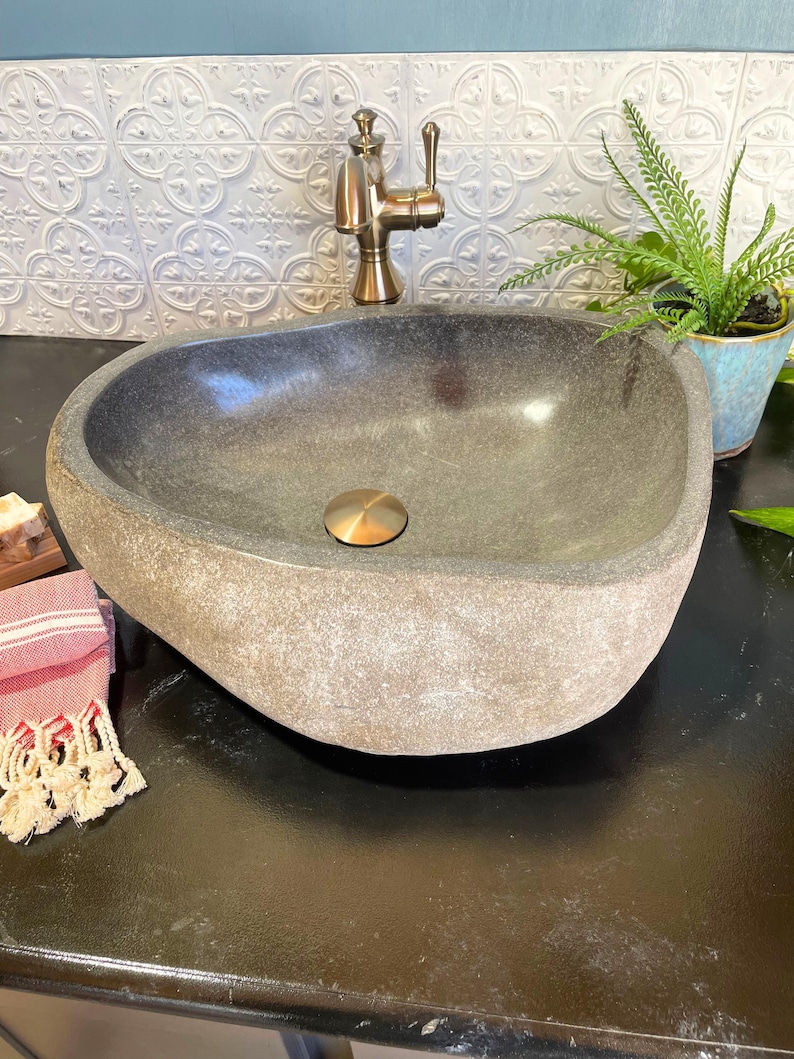 Stone Vessel Sink Bathroom Vanity Natural Basin Handmade River Rock Fixture Unique Design Earthy Boho Style Bali Inspired Java Island Home immagine 14