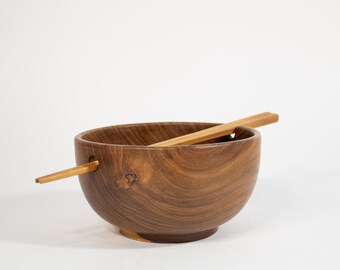 Teak Noodle Bowl Wooden Chopstick Set Handmade Sushi Dish Asian Dining Table Sustainable Wood Kitchen Accessory Rustic Noodle Ramen Natural