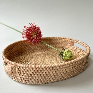Vassoio ovale in rattan con manici, piccolo vassoio decorativo intrecciato a mano per organizzare la cucina di casa, cestino da portata in stile boho