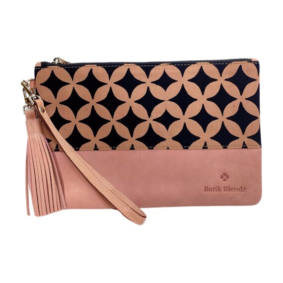 Batik Blendz Pink Leather Wrist Bag - Stylish Black Trim