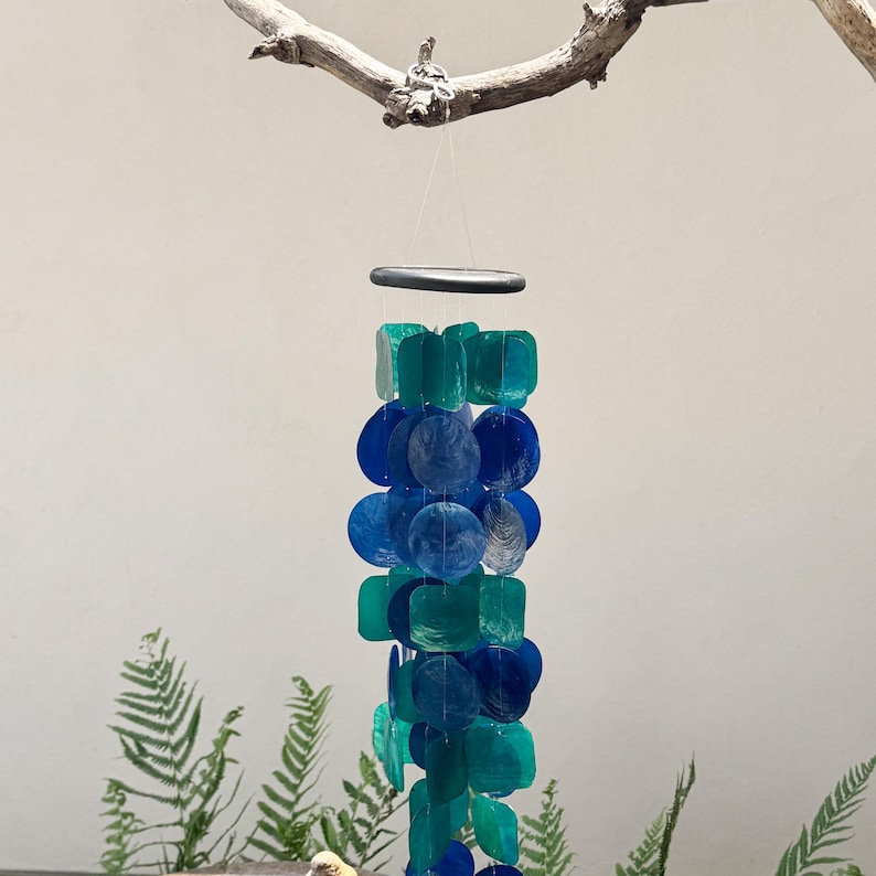 Coastal Wind Chime Garden Decoration Beach House Accent Piece Capiz Shell Blue Green Windchime Outdoor Patio Decor Melodic Mobile Sunlight image 6