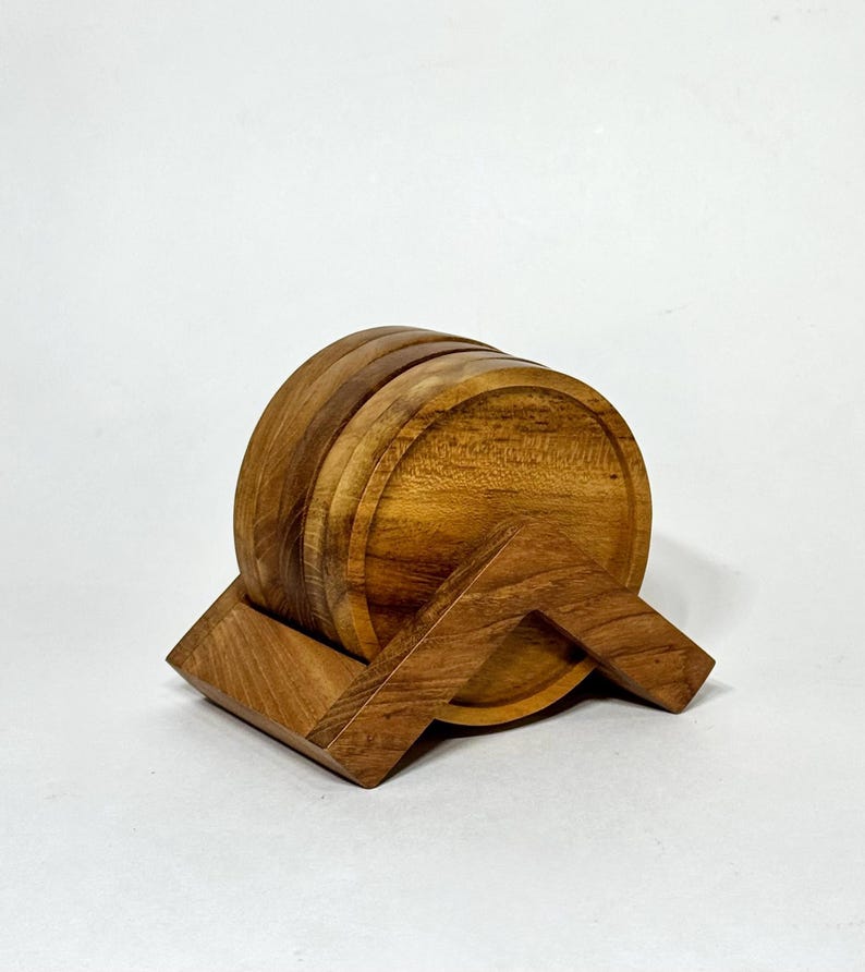 Premium Teak Wood Set Handcrafted Coaster Collection Triangular Holder Natural Design Perfect Wedding Gift Housewarming Present Rustic Kitchen Accessory Dining Table Drink Protection Water Resistant Organic Material Beautiful Beverage Mat