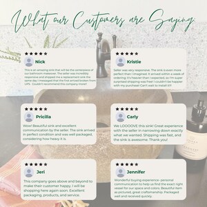 Pu&ograve; includere: Un lavabo in pietra con un rubinetto scuro e sei recensioni dei clienti sovrapposte all'immagine. Il testo in alto recita What our Customers are Saying, seguito da recensioni a cinque stelle di Nick, Kristie, Pricilla, Carly, Jeri e Jennifer.