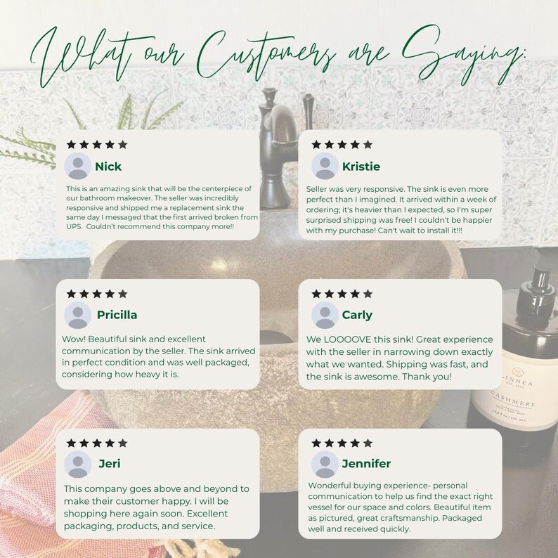 Pu&ograve; includere: Un lavabo in pietra con un rubinetto scuro e sei recensioni dei clienti sovrapposte all'immagine. Il testo in alto recita What our Customers are Saying, seguito da recensioni a cinque stelle di Nick, Kristie, Pricilla, Carly, Jeri e Jennifer.