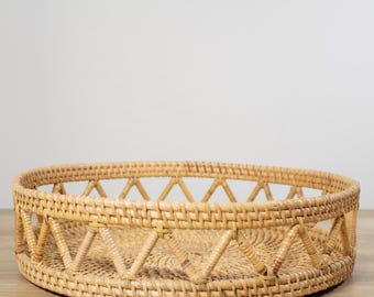 Rattan Round Tray Wicker Basket for Serving or Decor Boho Chic Artisanal Zig-Zag Pattern Handcrafted Bali Natural Home Decor Tray