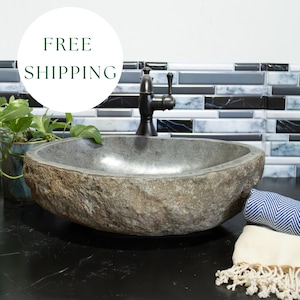 Natural River Rock Vessel Sink Large Handmade Stone Bathroom Basin Vanity Powder Room Boho Home Decor | Unique Bali Style Bath Remodel Idea