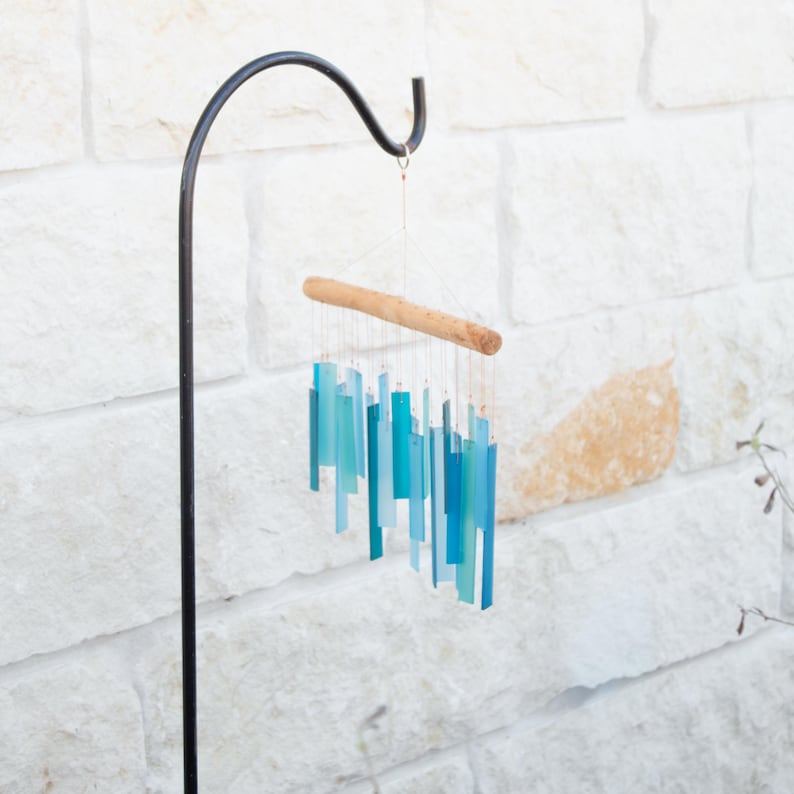 Wind Chimes For Outdoors Blue Sea Glass Arts Gift Driftwood Top Handmade Garden Decor Musical Chime Garden Gifts Hanging Patio Ornament image 8