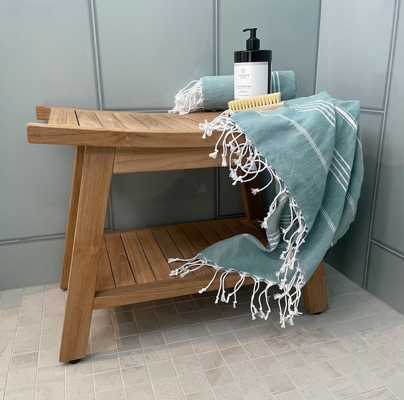 Wooden Bathroom Stool Teak Shower Bench Luxury Spa Seating Boho Style Furniture Minimalist Aesthetic Design Natural Wood Construction Waterproof Material Moisture Resistant Quality Adjustable Feet Feature Comfortable Shower Seat Home Spa