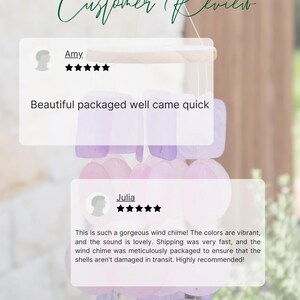 May include: A wind chime with light purple and white shell accents. The text "Customer Review" is at the top, with customer reviews below. One review says "Beautiful packaged well came quick". Another review says "This is such a gorgeous wind chime!"