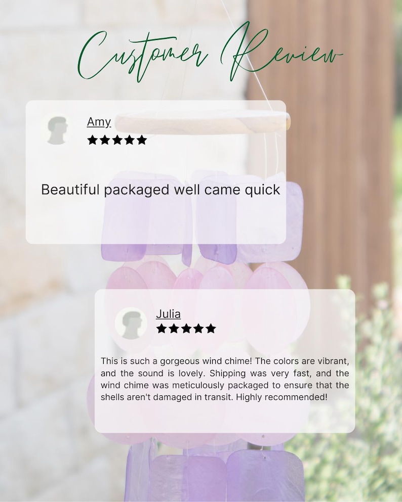 May include: A wind chime with light purple and white shell accents. The text "Customer Review" is at the top, with customer reviews below. One review says "Beautiful packaged well came quick". Another review says "This is such a gorgeous wind chime!"