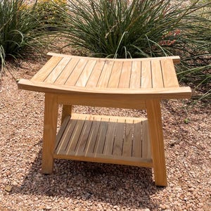 Teak Shower Bench with Shelf – Boho Style Wooden Bathroom Stool Seat afbeelding 7