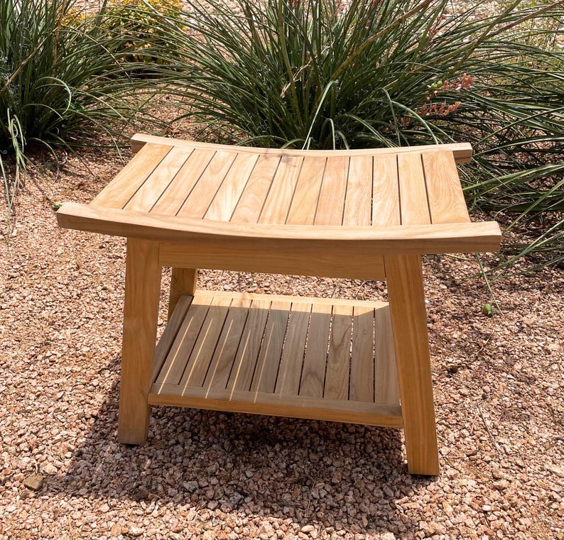 Teak Shower Bench with Shelf – Boho Style Wooden Bathroom Stool Seat afbeelding 7