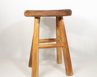 Teak Wood Stool Saddle Seat Kitchen Counter Bathroom Vanity Rustic Furniture Piece Handmade Wooden Accent Entryway Stool Organic Design
