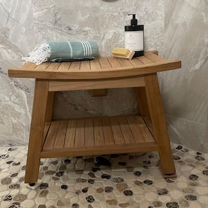 Teak Shower Bench with Shelf – Boho Style Wooden Bathroom Stool Seat afbeelding 1